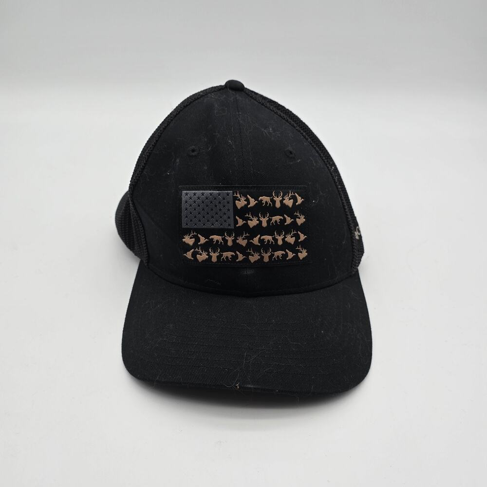 Columbia PHG Trucker Hat Black Large XL Flag USA Cap Stretchback Game Deer